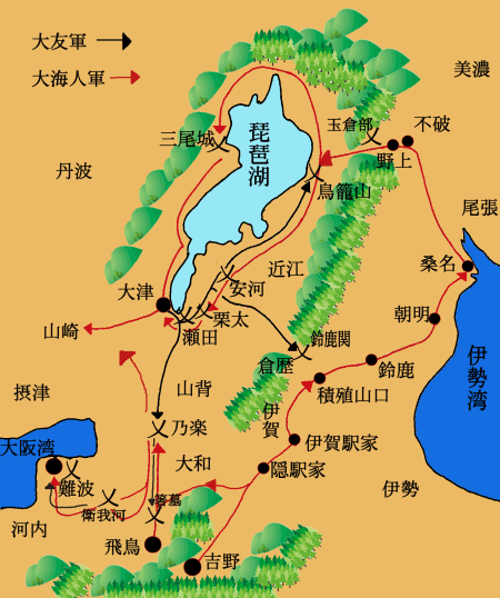 壬申の乱の進軍経路図