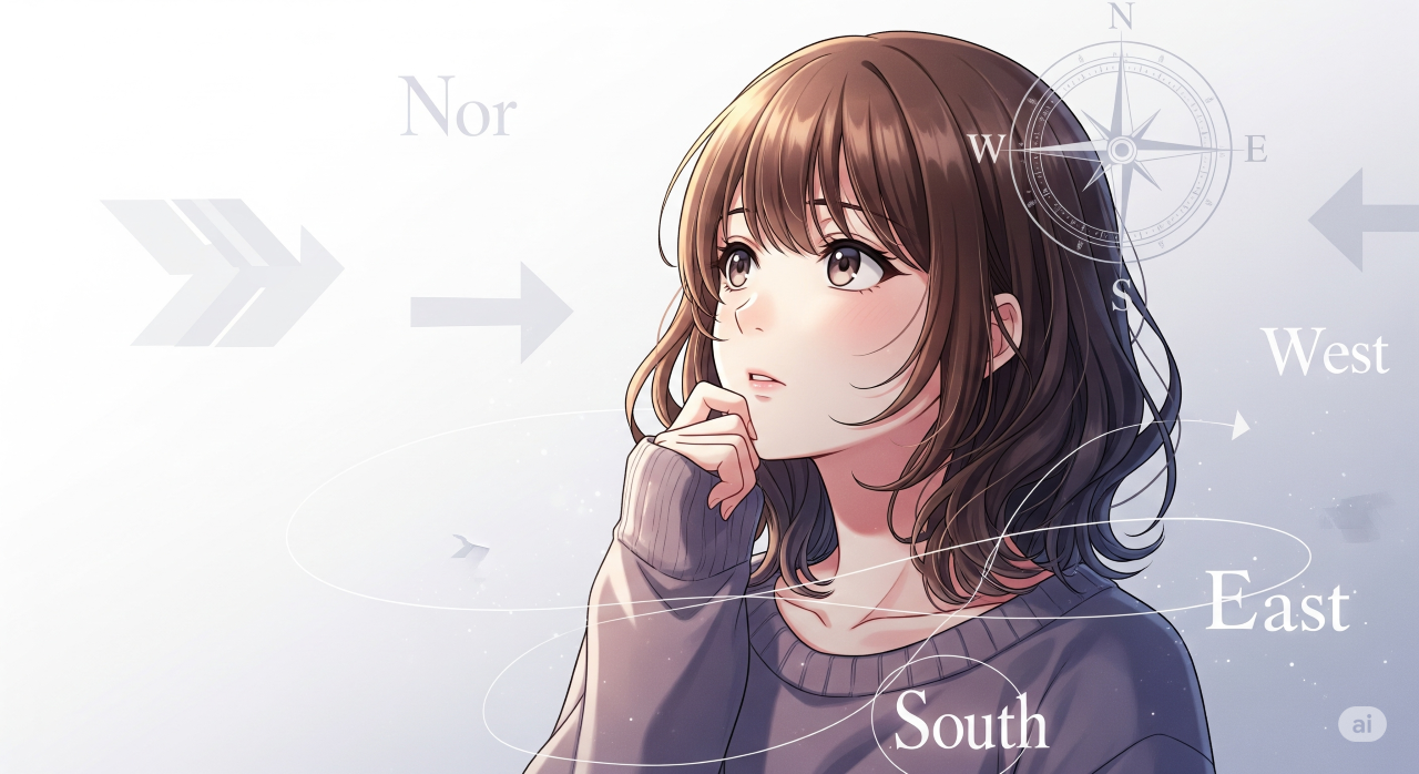方位の影響があるのか思案する女性の画像
