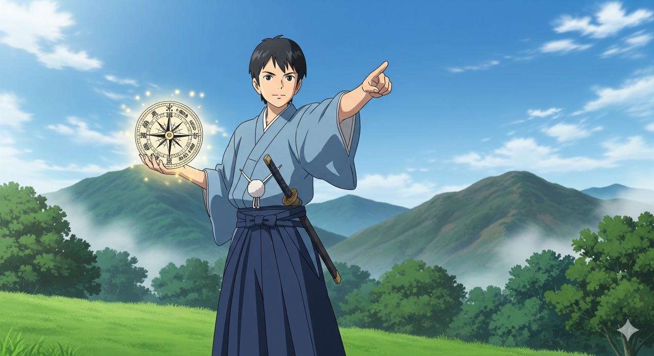 方位鑑定士の盤珪が山を背景とする場所で方位鑑定をしている様子を描写した画像