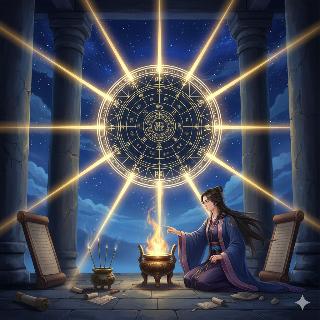 方位鑑定士の女性が座って奇門遁甲で占っている様子を描写した画像