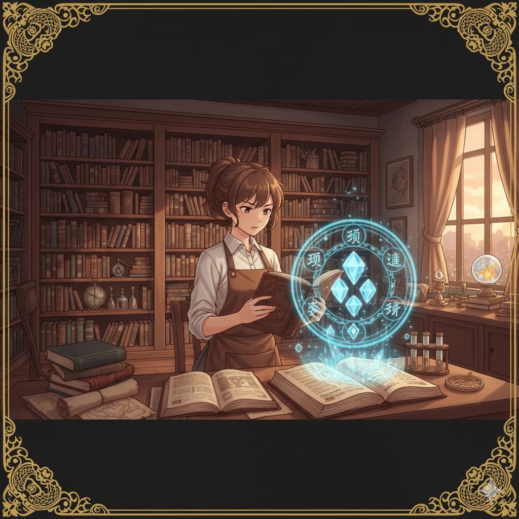 女性が自室で方位術の占術書を読んでいるのを描写した画像