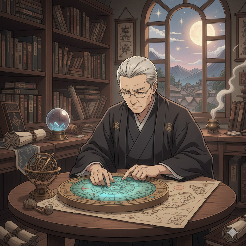 方位鑑定士の男性が方位盤を見ながら鑑定している様子を描写した画像