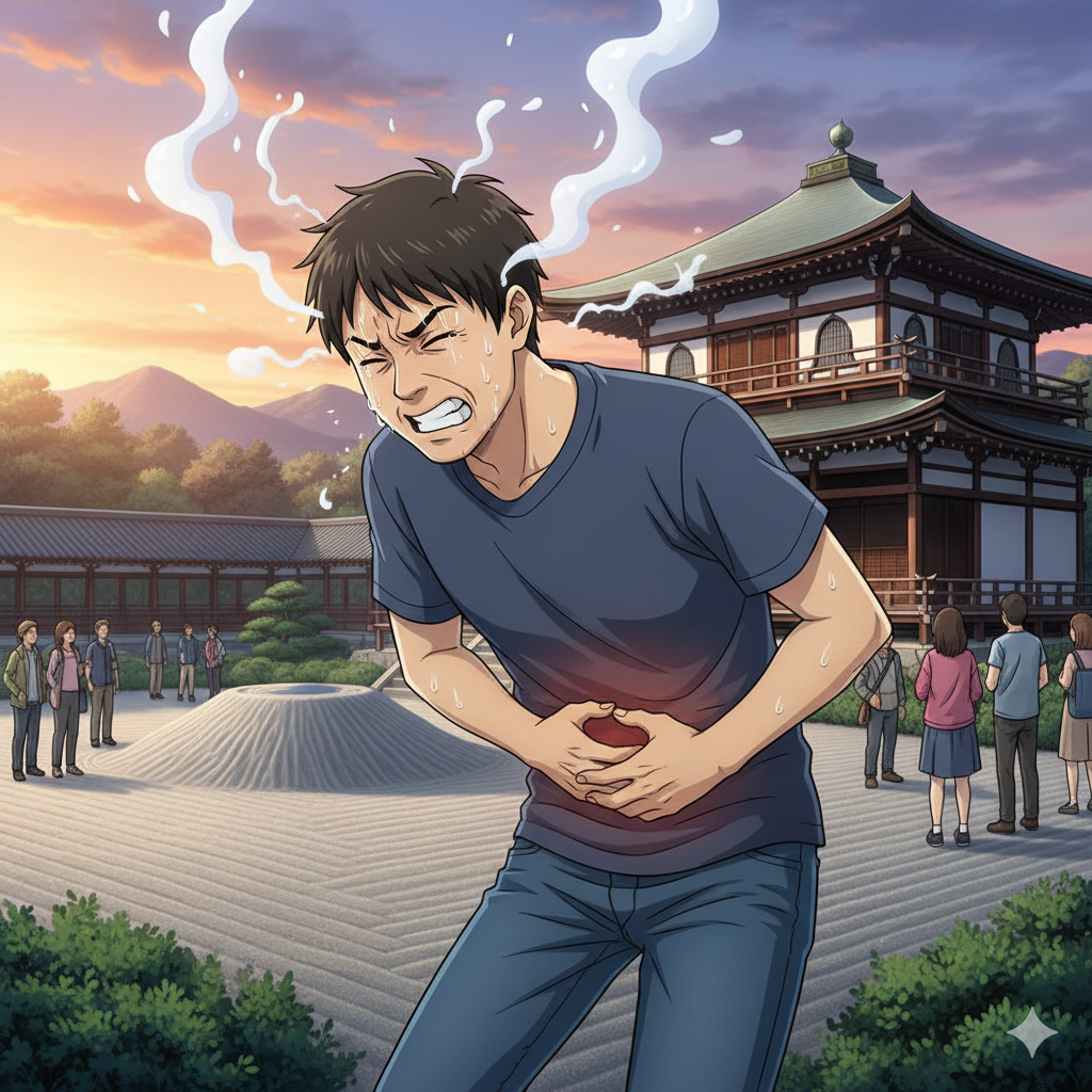 銀閣寺で腹痛で苦しむ若い男性の画像