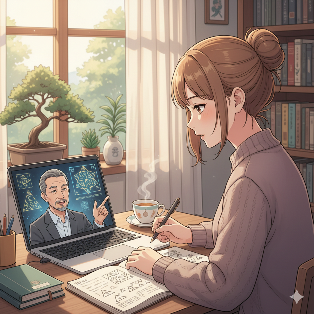 女性がビデオ通話で易の講習を受けている様子を描写した画像